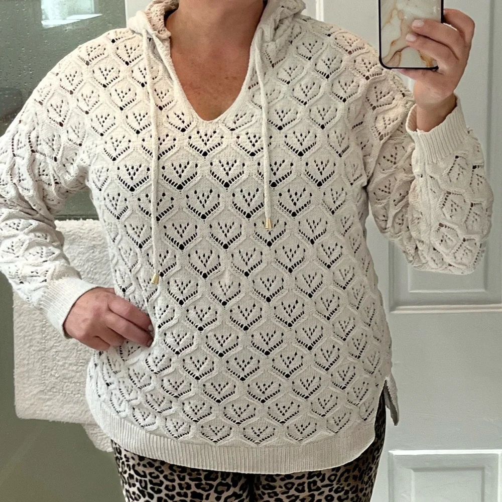 New no tag Artelier Nicole Miller Ivory beige Crochet Hooded Knit Sweater  1x - Picture 2 of 13